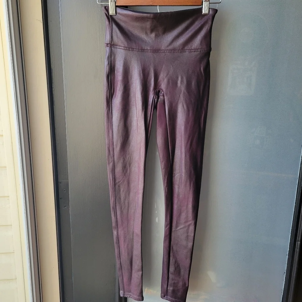 Spanx Leggings Womens SP Brown Metallic Faux Leather Pants Shiny Stretch Bodycon - Picture 2 of 7